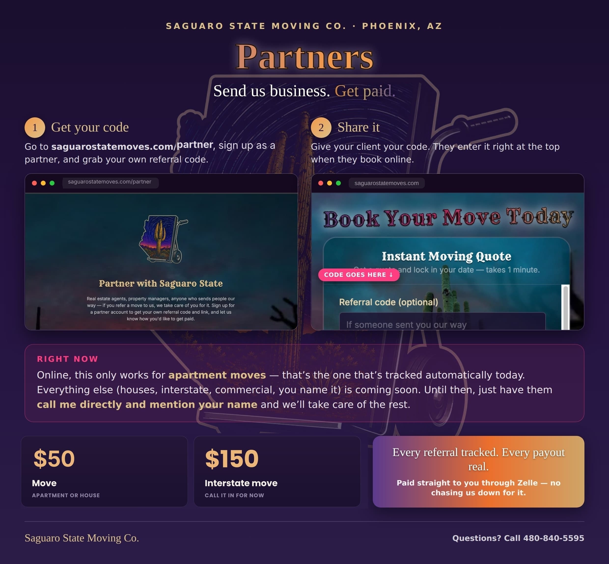 How the Saguaro State Moving Co. partner program works: get your referral code, share it, get paid automatically via Zelle